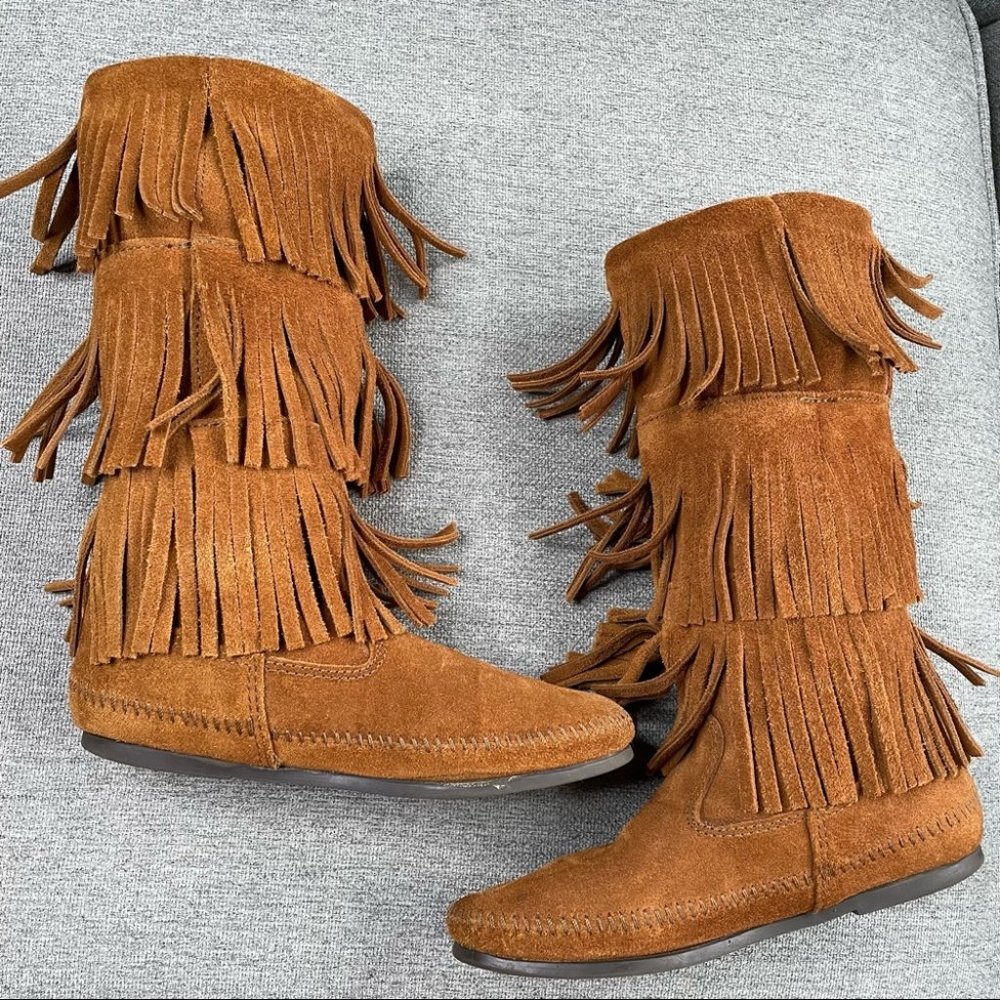 Minnetonka Three Layer Fringe Boot Suede Leather - image 4